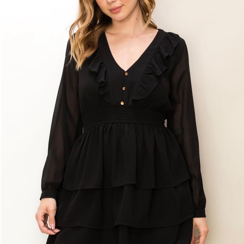 Black Ruffled V-Neck Blouse - Picture 2 of 2